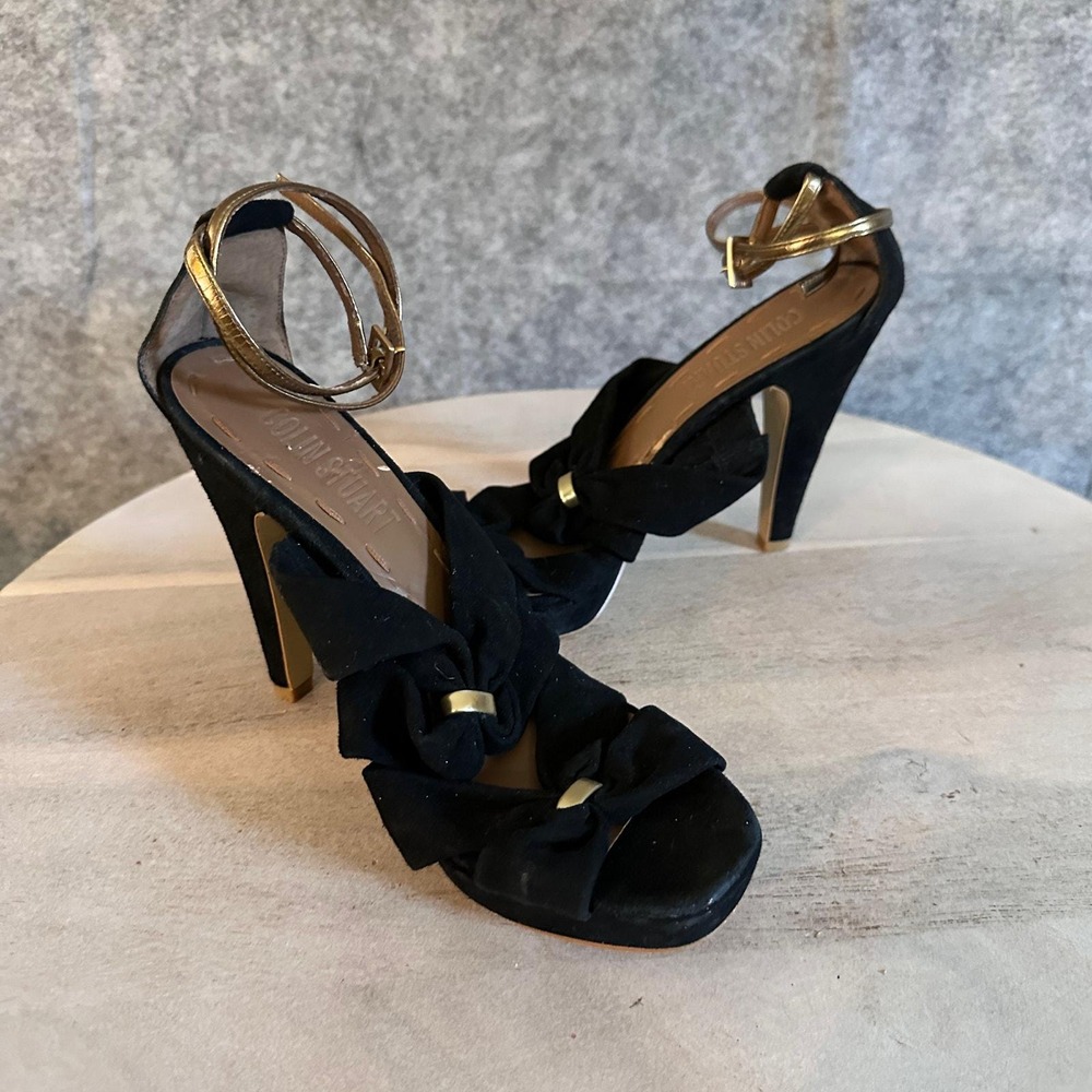 Black Suede Platform Wedge Sandals Gold Strap Womens 8.5 Colin Stuart